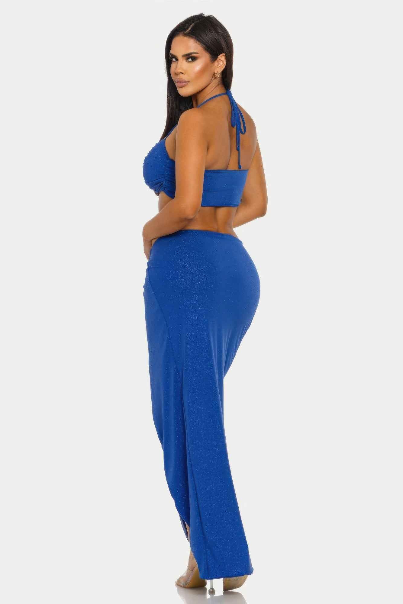 Halter Crop Top Maxi Skirt Set - Keyhole Cutout Shimmer Two Piece