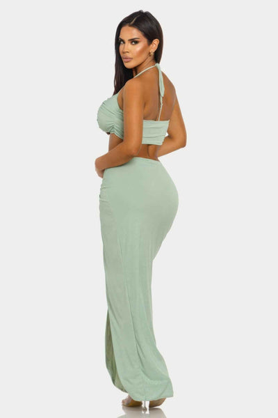 Halter Crop Top Maxi Skirt Set - Keyhole Cutout Shimmer Two Piece