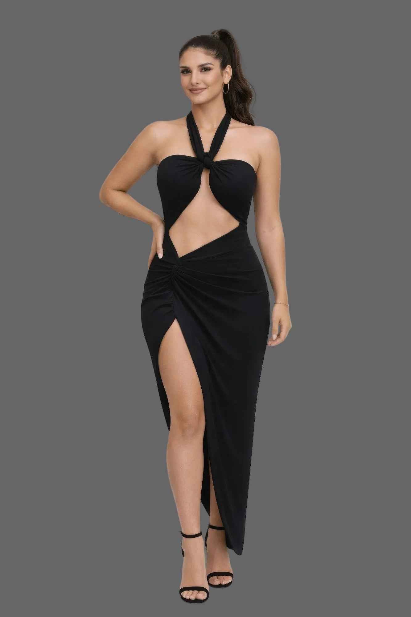 Multiway Strap Cutout Dress - High Slit Gathered Hip Maxi
