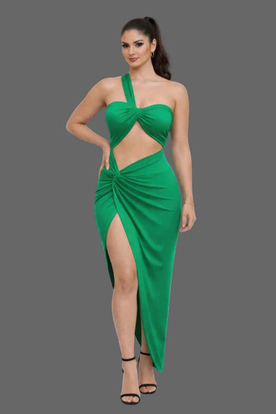 Multiway Strap Cutout Dress - High Slit Gathered Hip Maxi