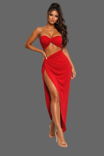 Multiway Strap Cutout Dress - High Slit Gathered Hip Maxi