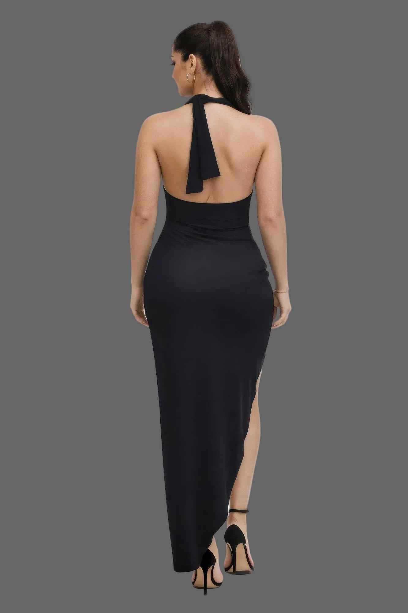 Multiway Strap Cutout Dress - High Slit Gathered Hip Maxi