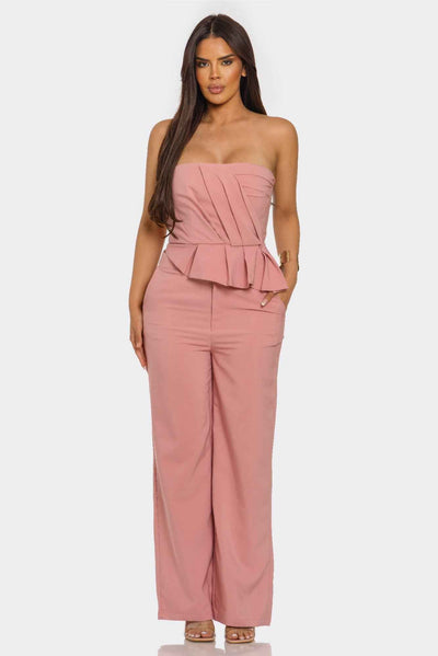 Strapless Peplum Top Set - Wide Leg Trouser Pleated Two Piece