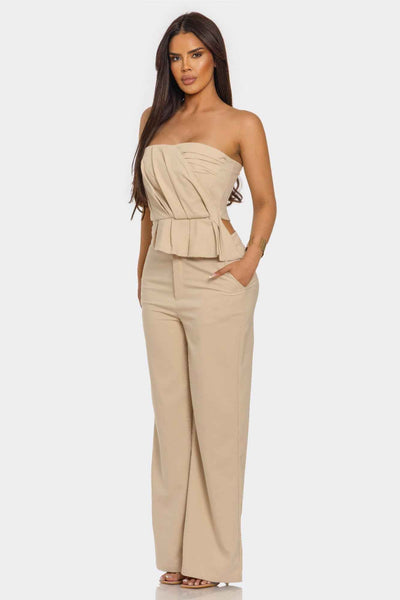 Strapless Peplum Top Set - Wide Leg Trouser Pleated Two Piece