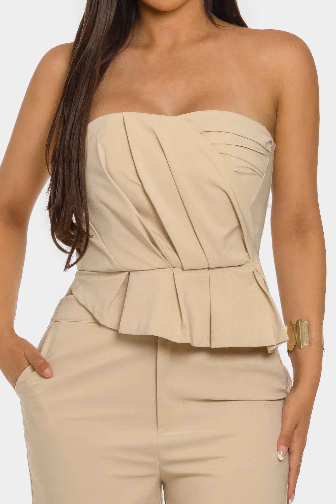 Strapless Peplum Top Set - Wide Leg Trouser Pleated Two Piece