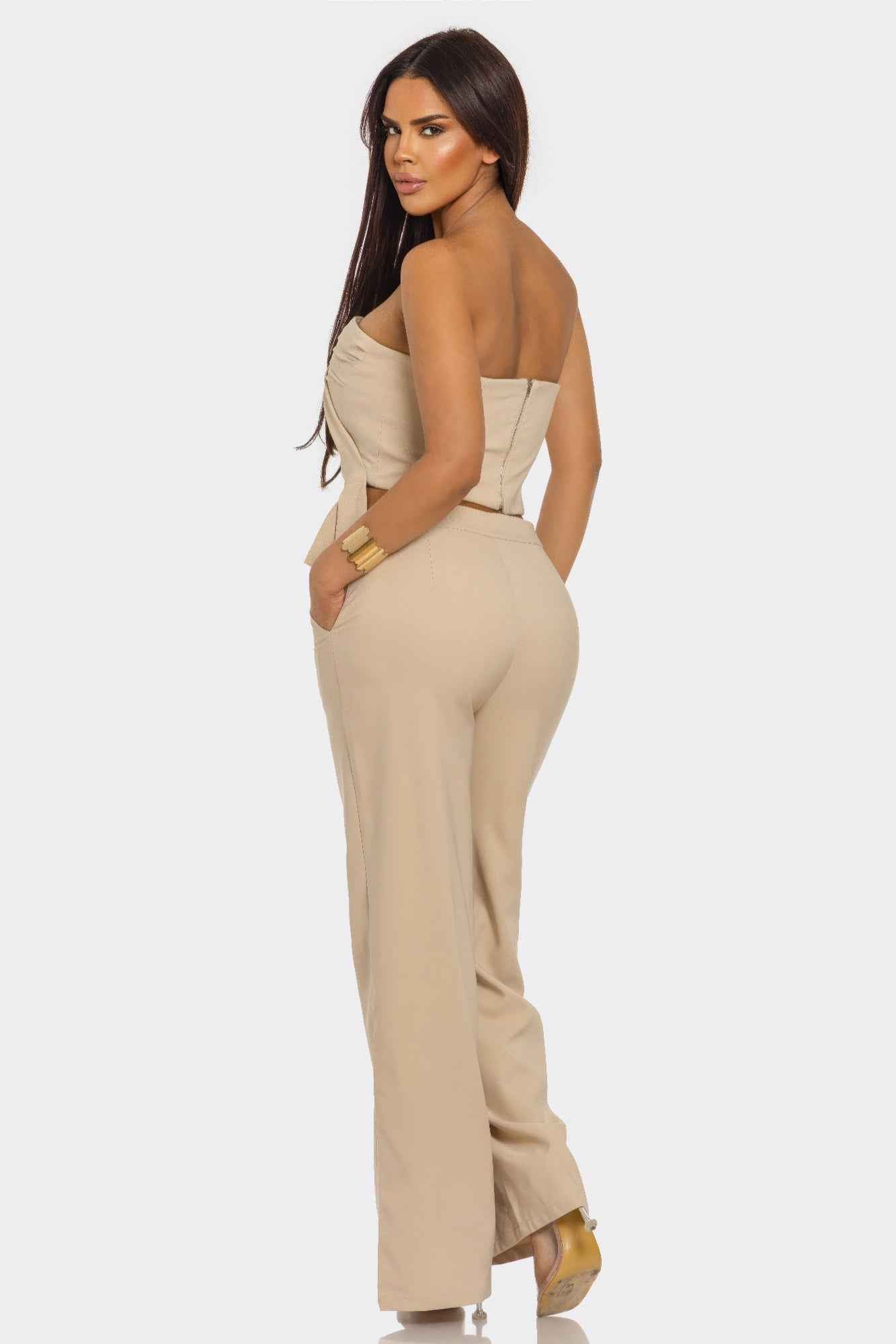 Strapless Peplum Top Set - Wide Leg Trouser Pleated Two Piece