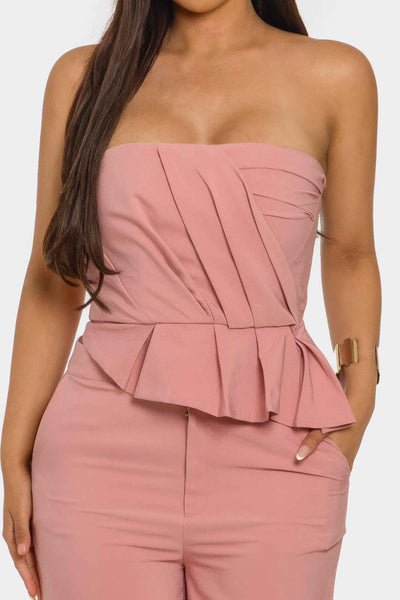 Strapless Peplum Top Set - Wide Leg Trouser Pleated Two Piece