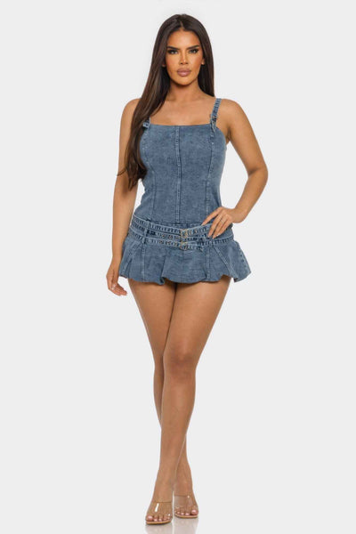 Denim Romper Dress - Ruffle Overlay Belted Mini Skirt