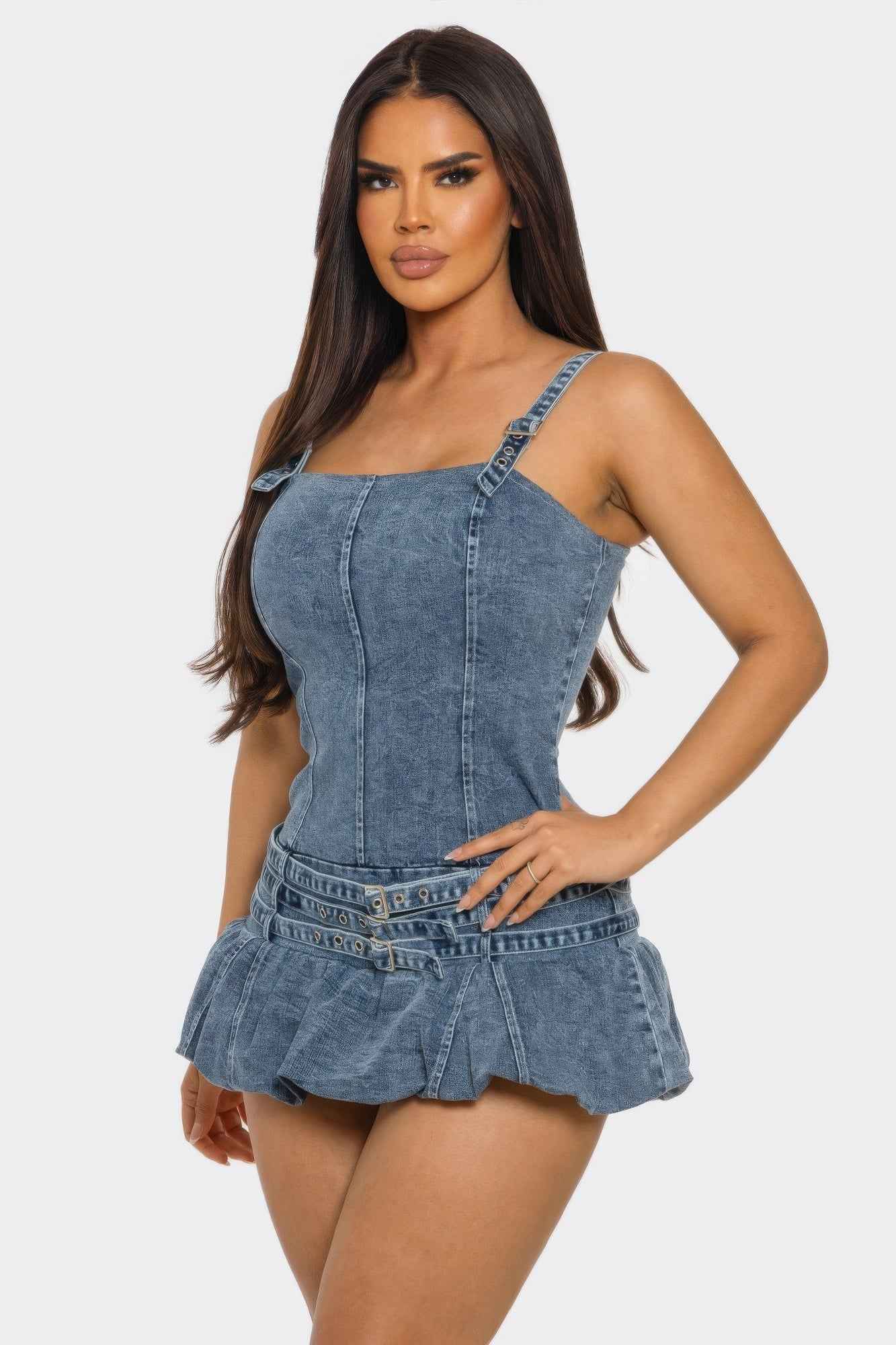 Denim Romper Dress - Ruffle Overlay Belted Mini Skirt