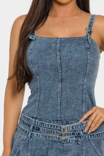 Denim Romper Dress - Ruffle Overlay Belted Mini Skirt