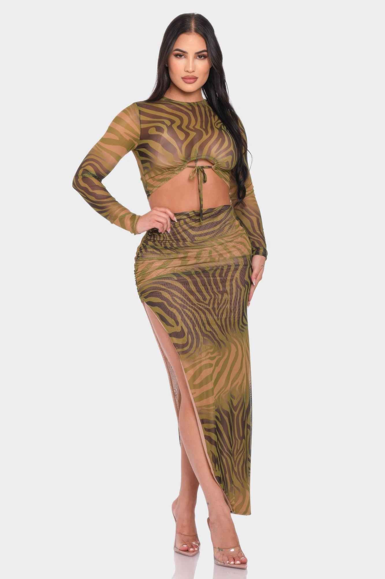 Zebra Print Mesh Top Skirt Set - Sheer Lined Maxi
