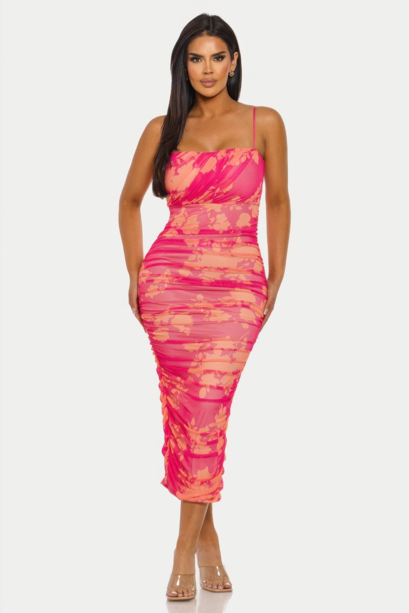 Pink Floral Mesh Midi Dress - Ruched Bodycon Spaghetti Strap