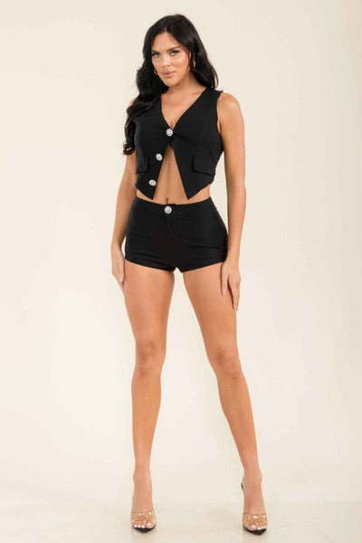 Jewel Button Vest Set - Tailored High Waist Shorts
