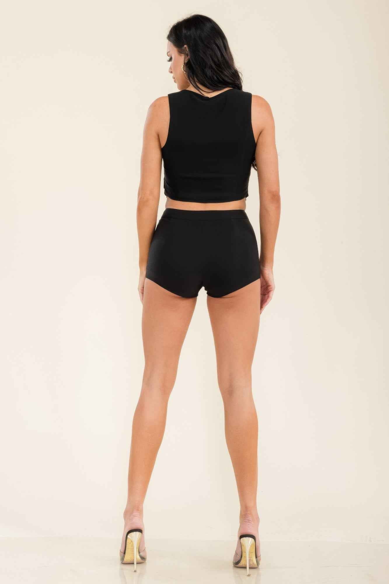 Jewel Button Vest Set - Tailored High Waist Shorts