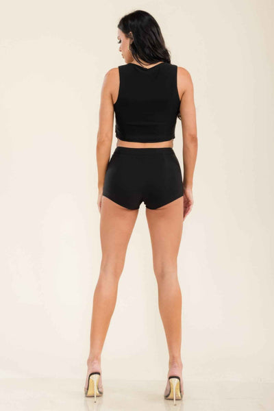 Jewel Button Vest Set - Tailored High Waist Shorts