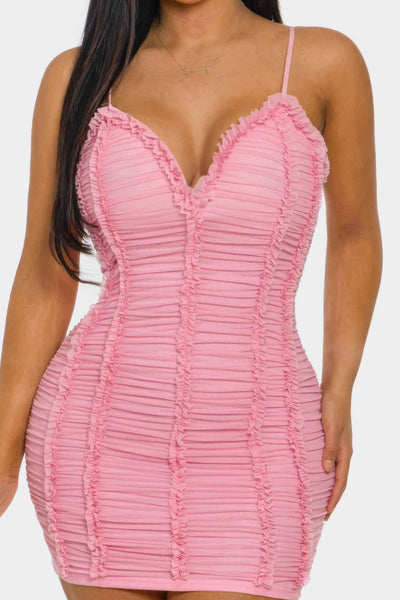 Ruched Mini Dress - Sweetheart Neck Ruffle Spaghetti