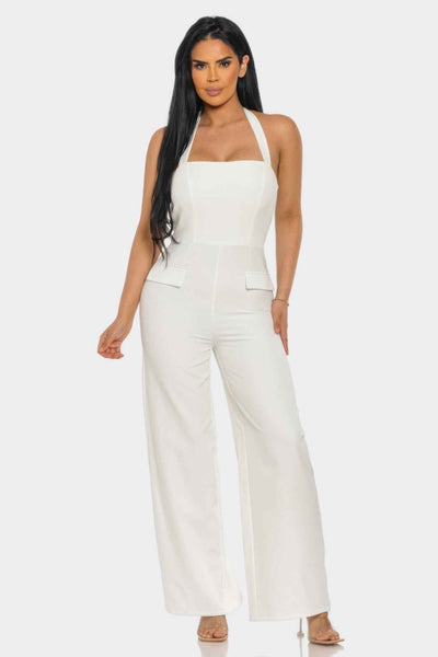 Halter Neck Jumpsuit - Open Shoulder Back Zipper