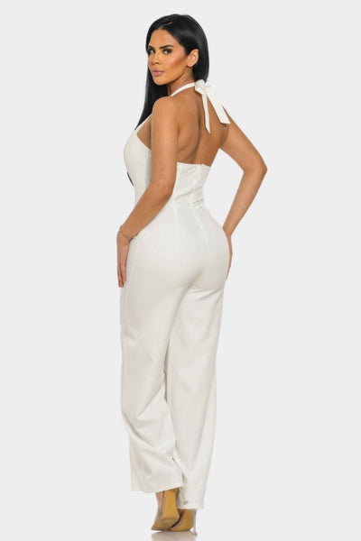 Halter Neck Jumpsuit - Open Shoulder Back Zipper