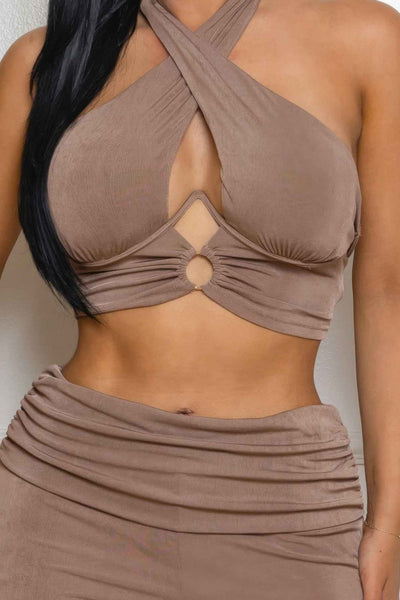 Criss Cross Halter Set - Mocha Ring Detail Flare Pants