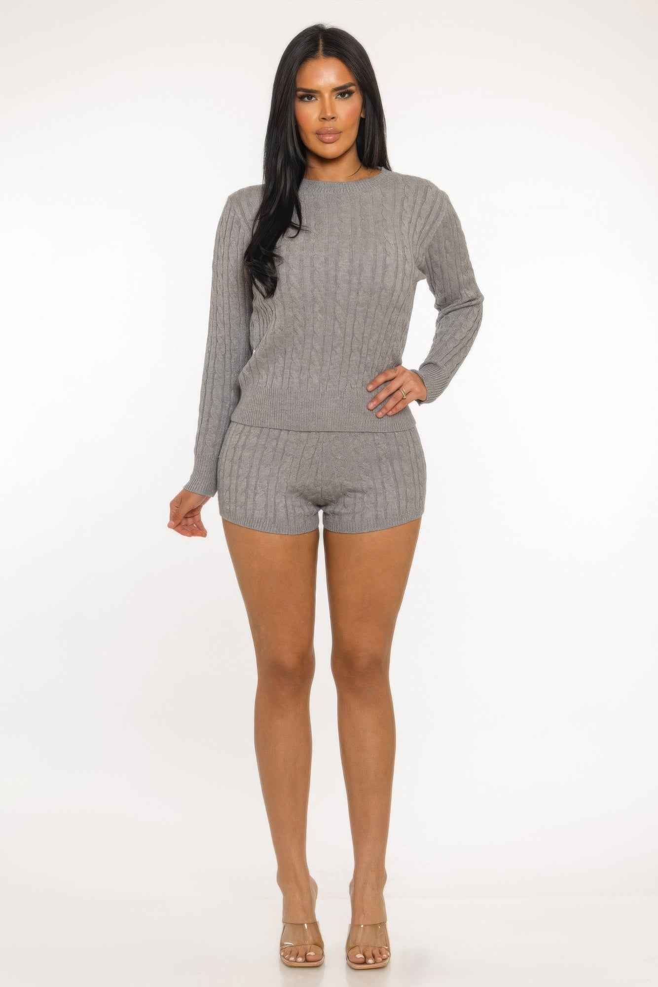 Cable Knit Shorts Set - Crop Top Lounge Two Piece