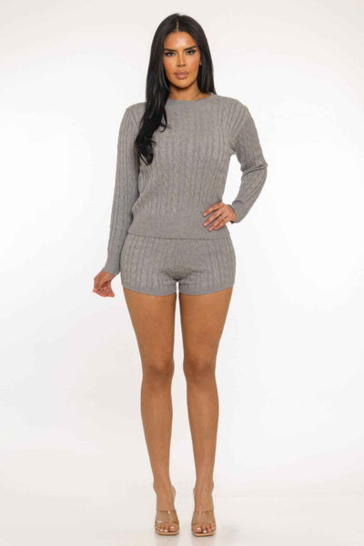 Cable Knit Shorts Set - Crop Top Lounge Two Piece