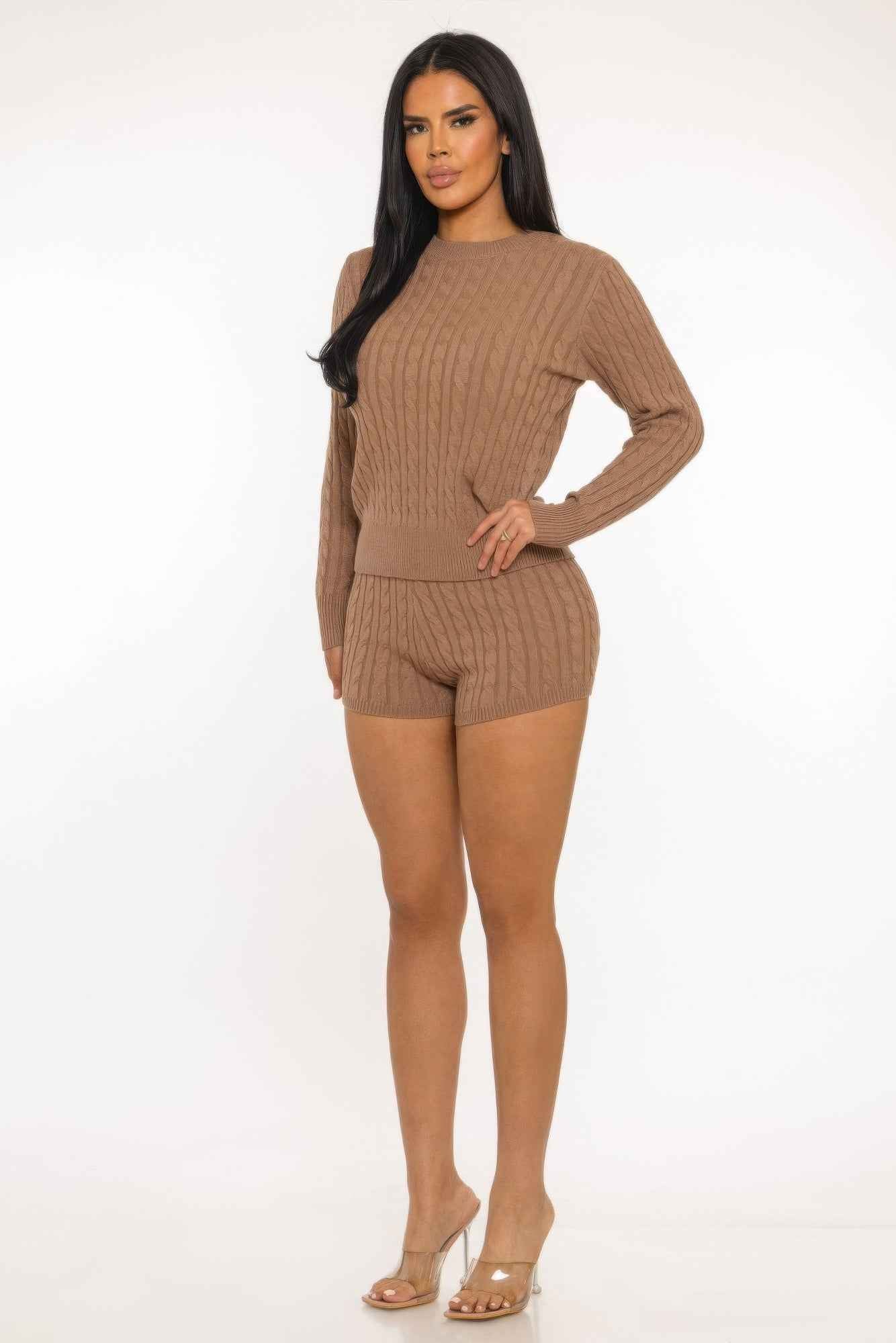 Cable Knit Shorts Set - Crop Top Lounge Two Piece
