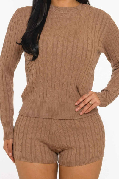 Cable Knit Shorts Set - Crop Top Lounge Two Piece