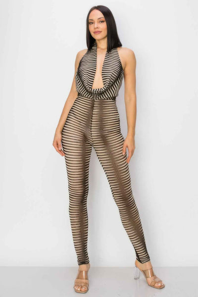 Cowl Neck Mesh Jumpsuit - Taupe Knit Sleeveless Fitted