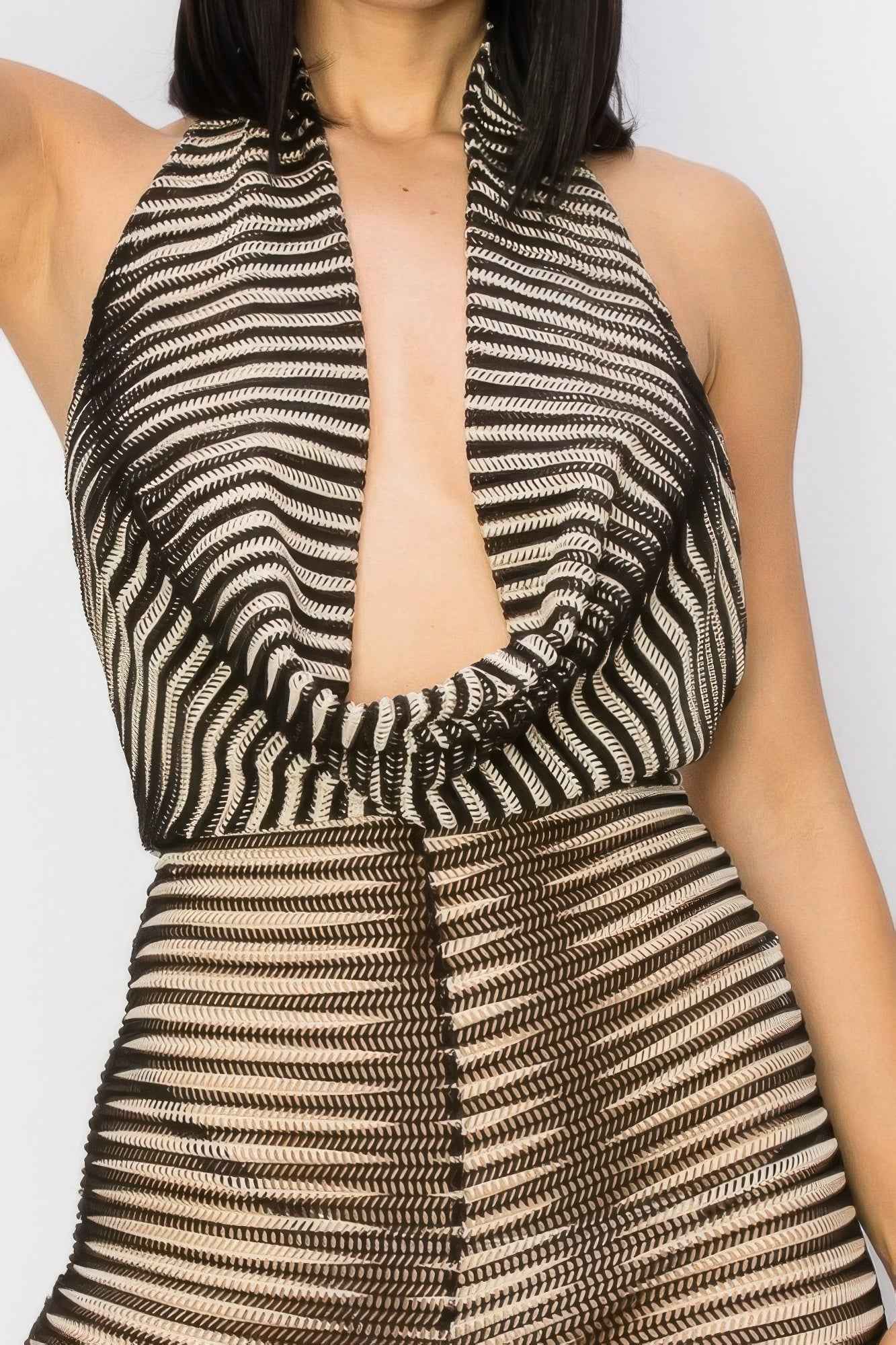 Cowl Neck Mesh Jumpsuit - Taupe Knit Sleeveless Fitted