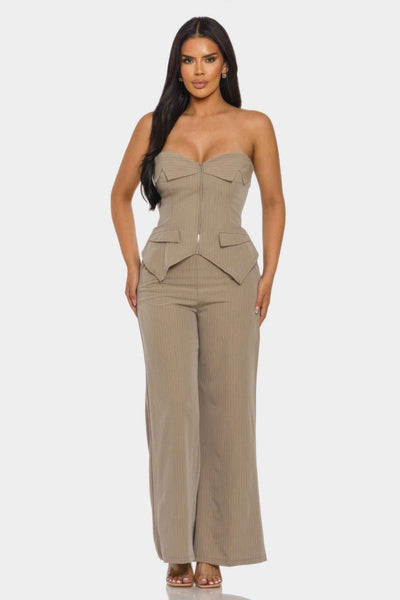 Strapless Corset Set - Lace Up Back Wide Leg Pants