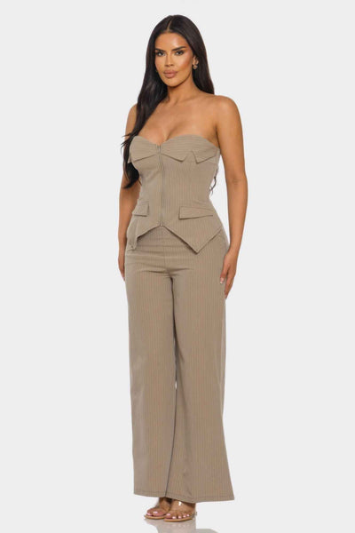 Strapless Corset Set - Lace Up Back Wide Leg Pants