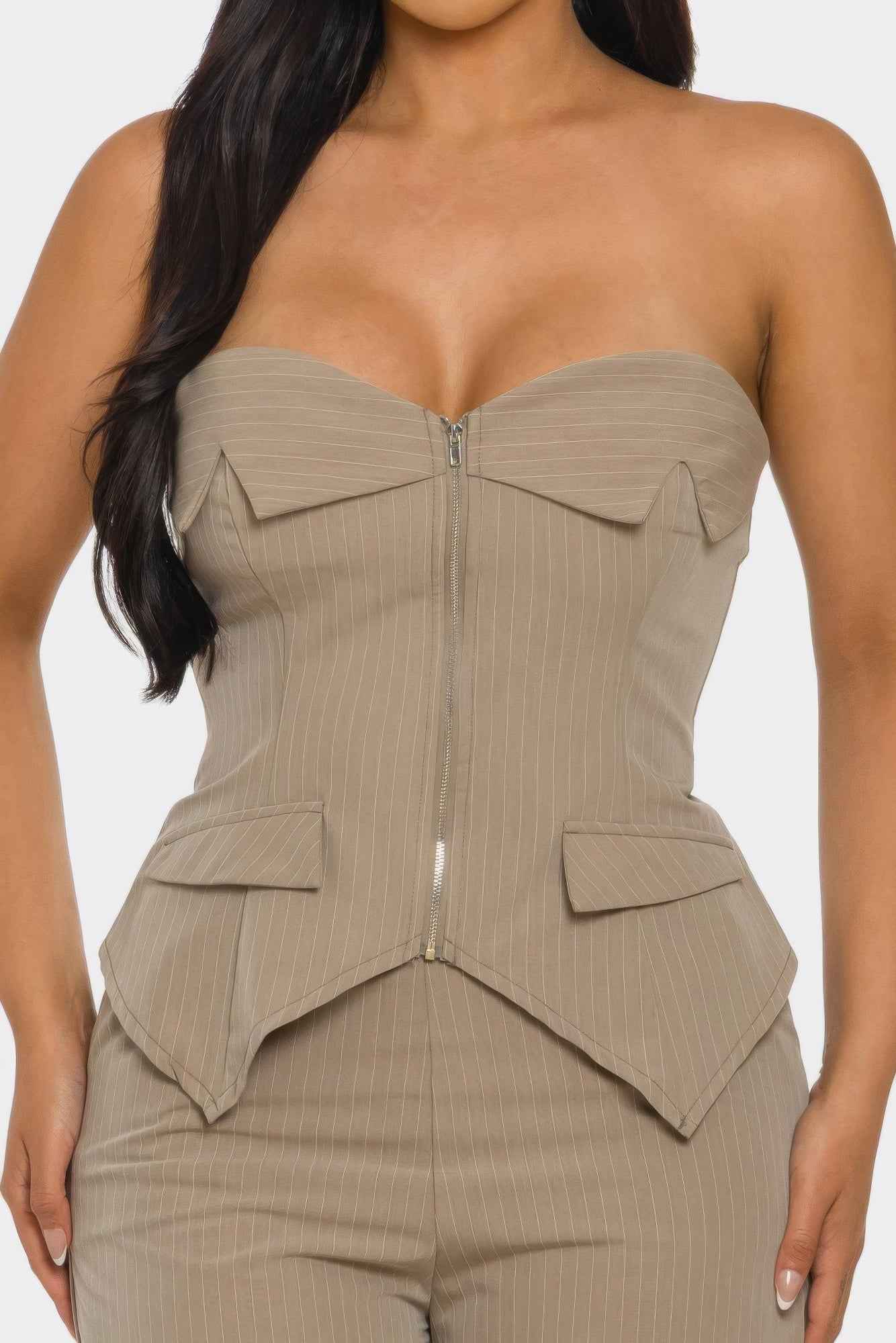 Strapless Corset Set - Lace Up Back Wide Leg Pants