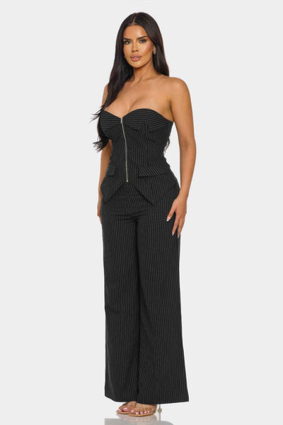 Strapless Corset Set - Lace Up Back Wide Leg Pants