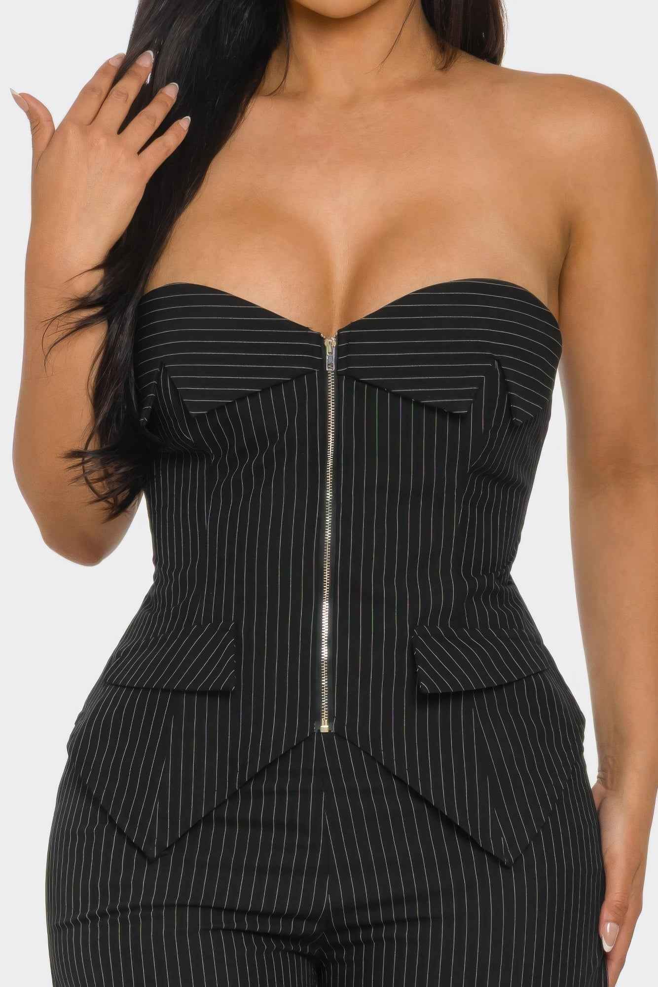 Strapless Corset Set - Lace Up Back Wide Leg Pants