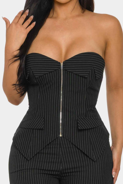 Strapless Corset Set - Lace Up Back Wide Leg Pants