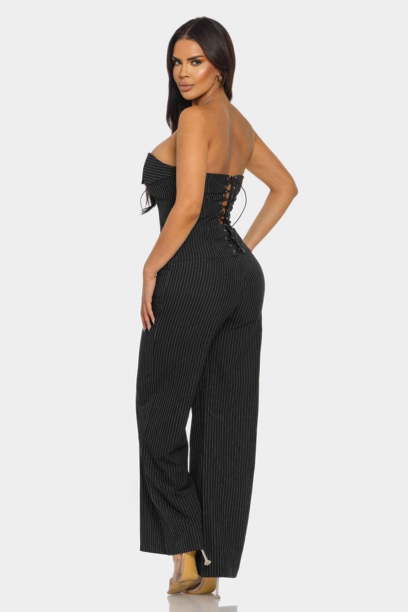 Strapless Corset Set - Lace Up Back Wide Leg Pants
