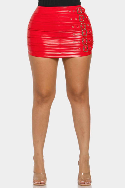 Red Faux Leather Mini Skirt - Buckle Detail Made USA