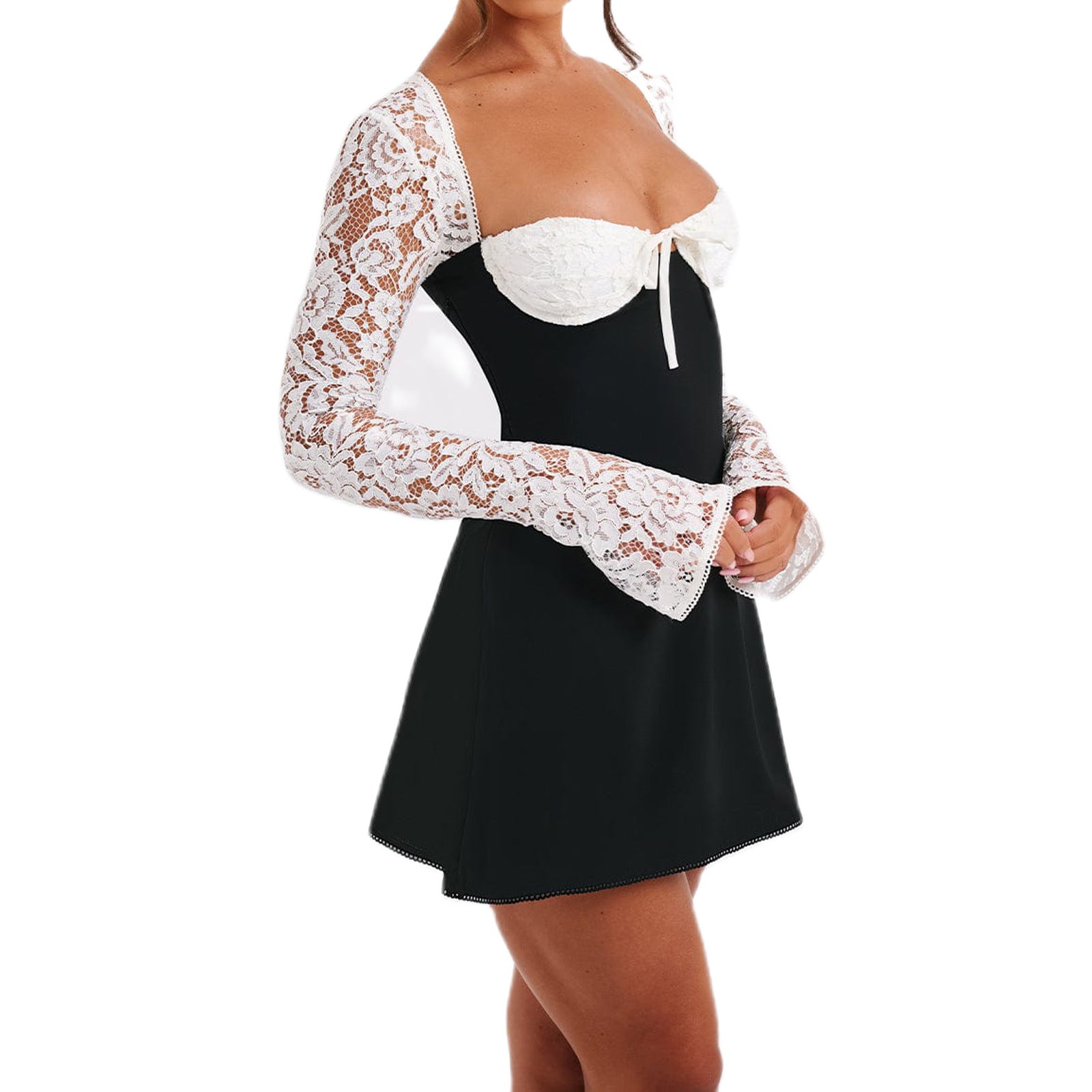Lace Mini Dress - Long Sleeve Backless Party Dress