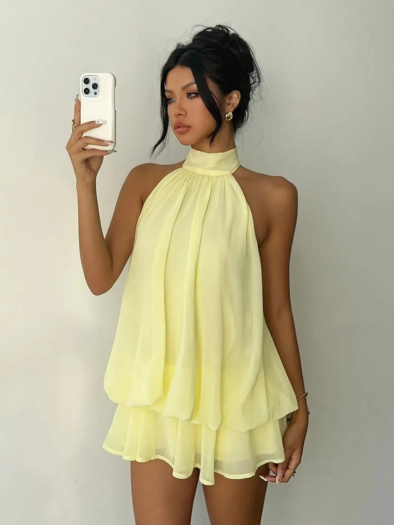 Backless Halter Neck Tiered Mini Dress - Chiffon Vacation Dress