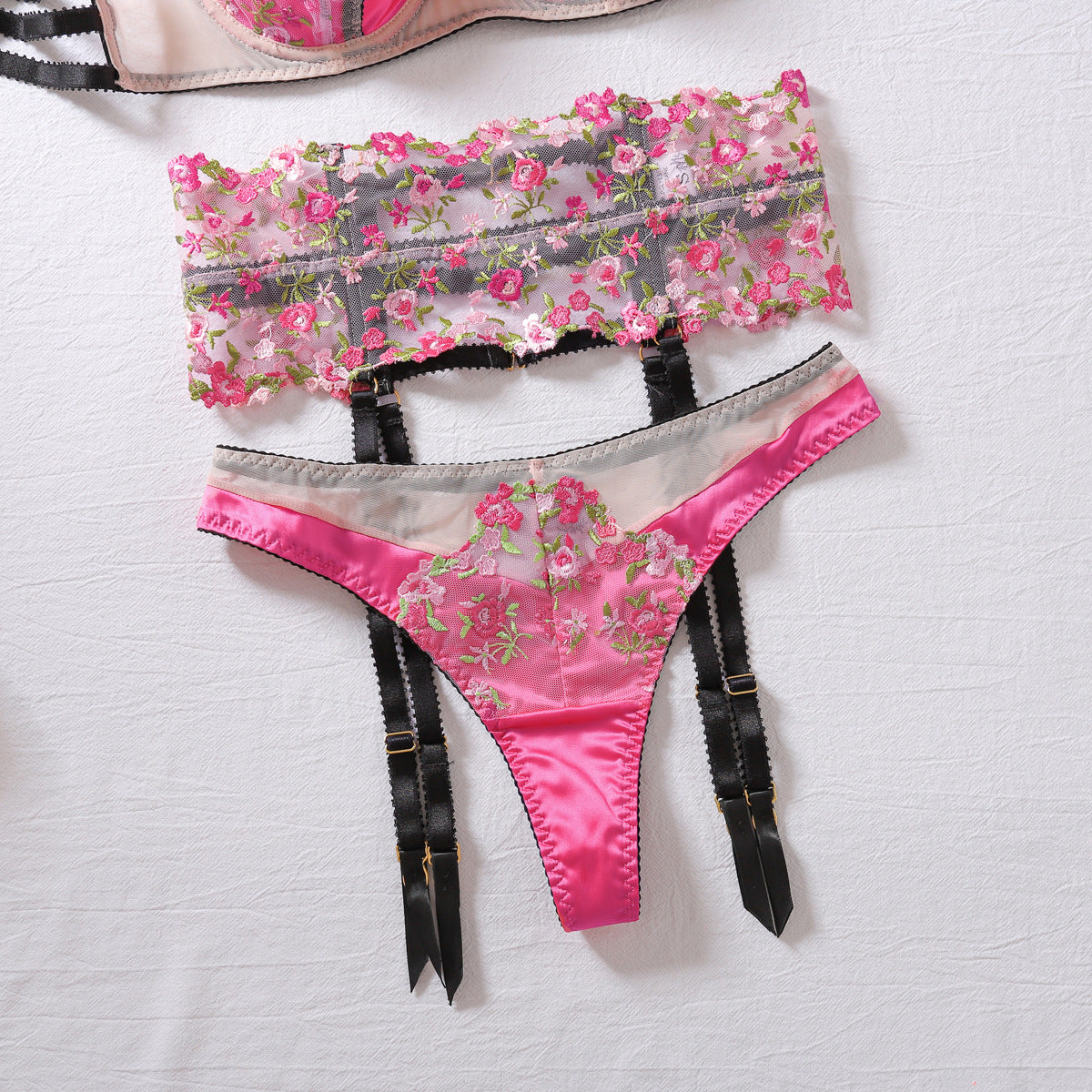 Floral Embroidered Lingerie Set - Garter Belt & Thong Included