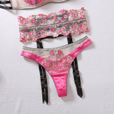Floral Embroidered Lingerie Set - Garter Belt & Thong Included
