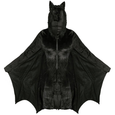 Black bat-shaped hooded cape coat with textured front and faux fur trim