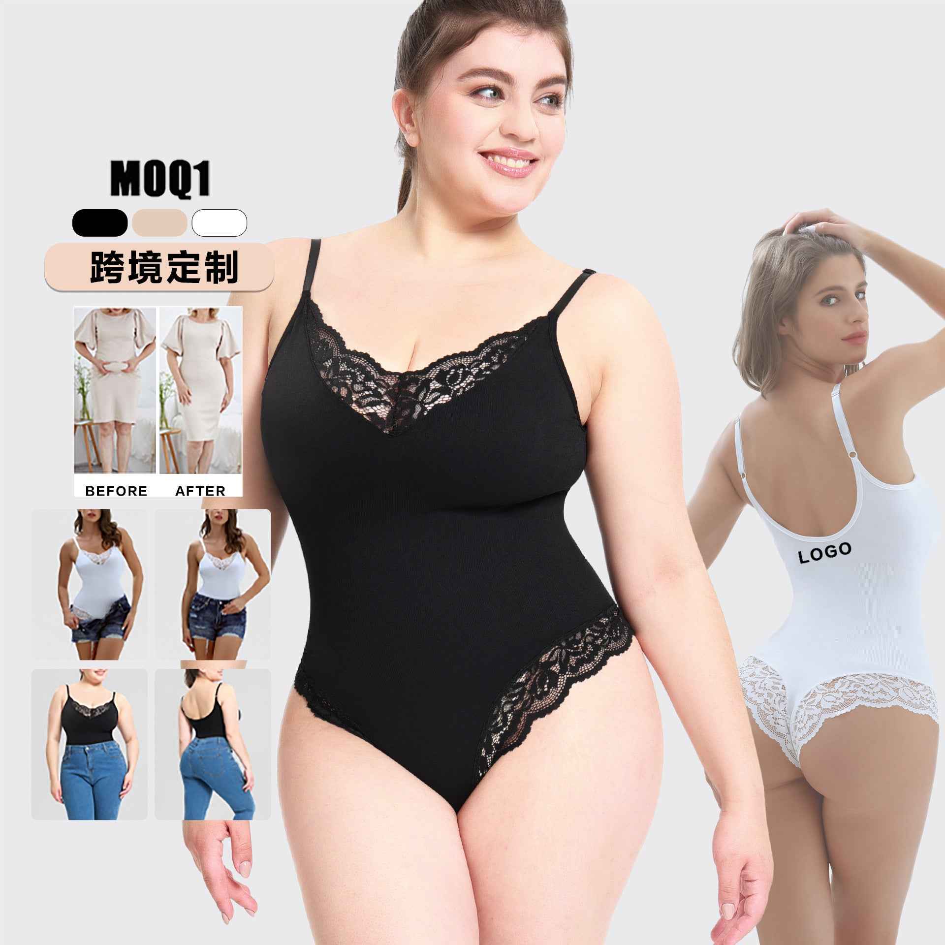 Plus Size Lace Thong Open Crotch Abdominal Support Bodysuit Strap Shapewear Underwear