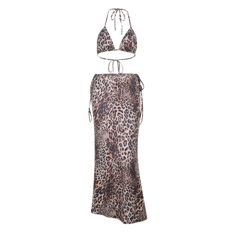 Vacation Style Leopard Bikini Set -  Maxi Skirt Cover-Up