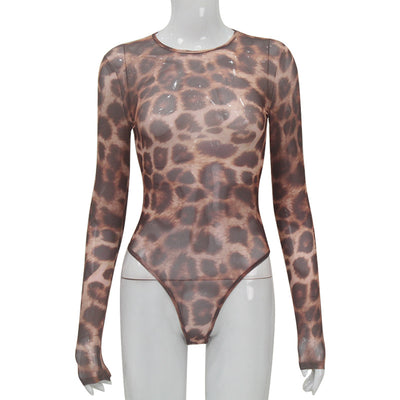 Leopard Print Mesh Bodysuit - Long Sleeve Sheer Crew Neck Snap Closure