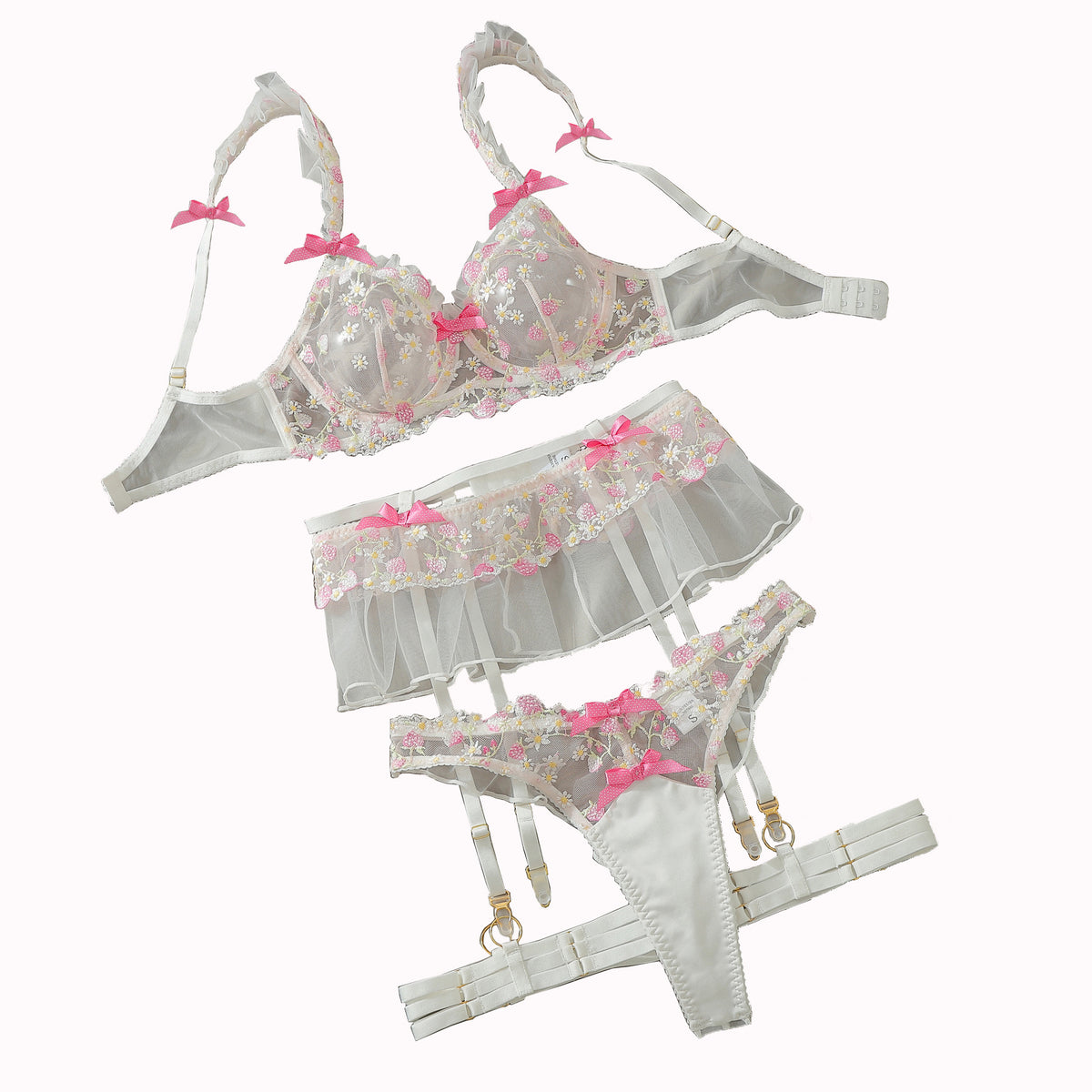 Floral embroidered lingerie set with ruffled mesh bra, garter straps, and matching panties.