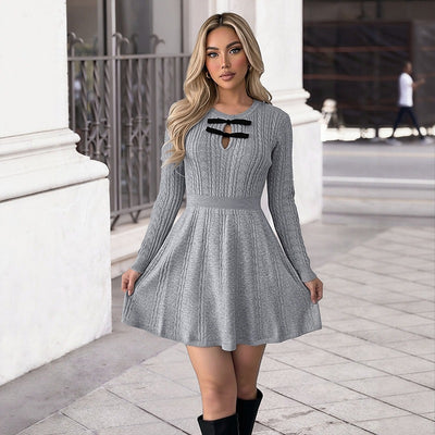Cable-Knit Sweater Dress - Bow-Trimmed Keyhole Neckline