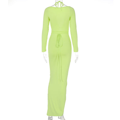 Yellow green long-sleeve bodycon maxi dress with waist tie and cutout lace-up front