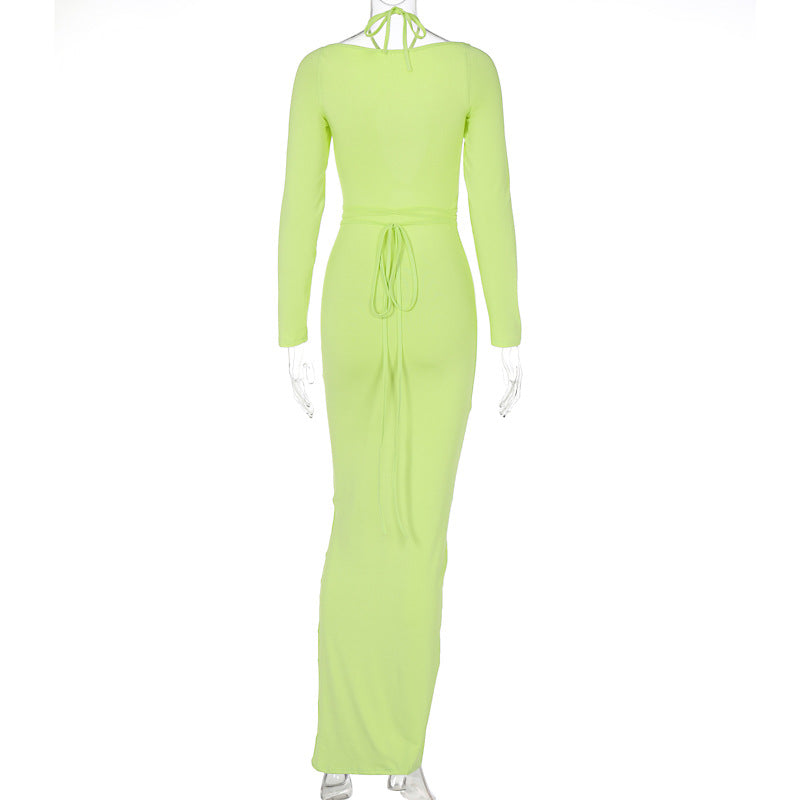 Yellow green long-sleeve bodycon maxi dress with waist tie and cutout lace-up front
