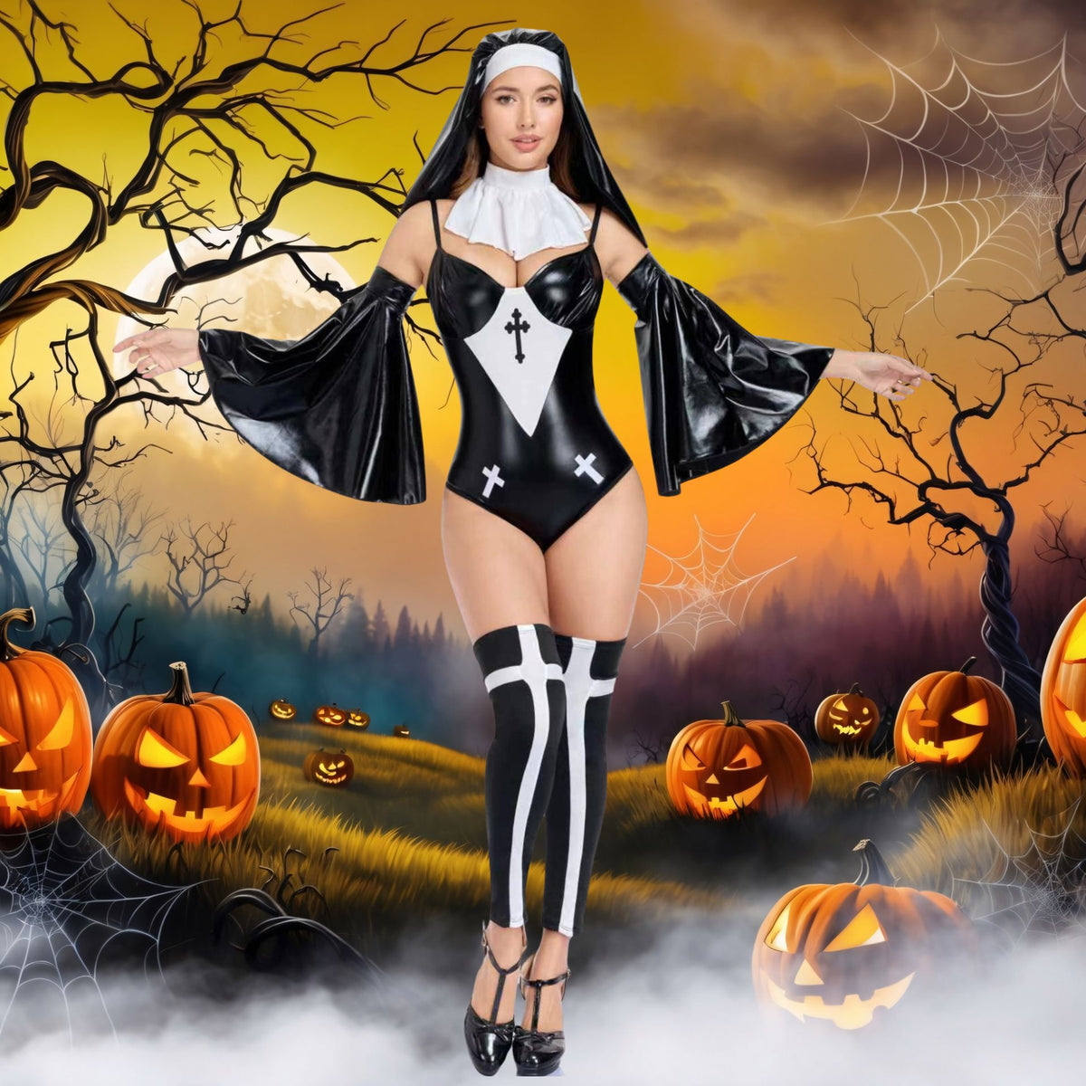 Halloween Nun Costume - Cross Detail Flared Sleeves